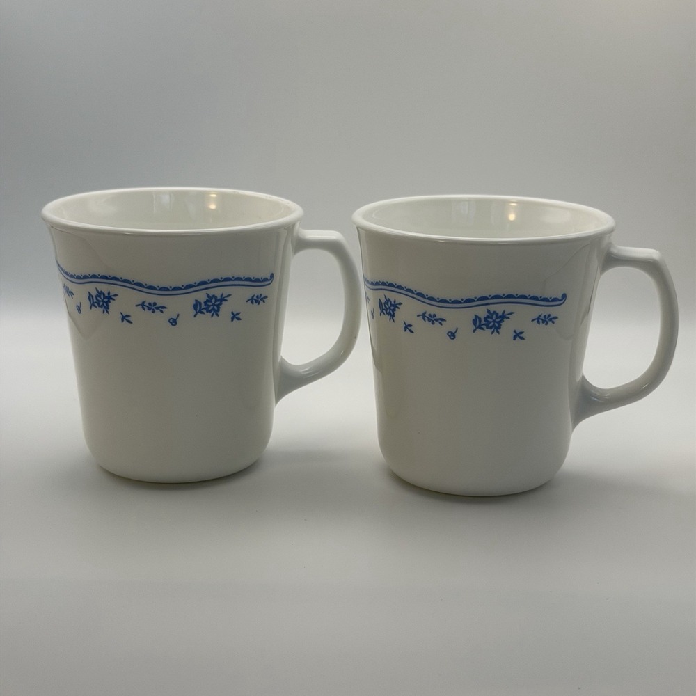Vintage Corelle Corning Ware Morning Blue Coffee Mugs Cups Set Of 2 Farm Cottage
